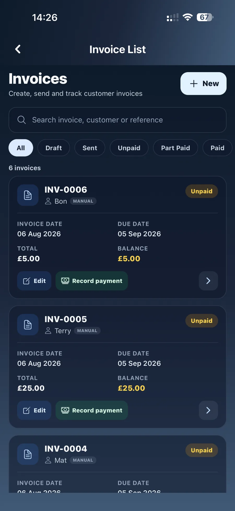 Invoice list and payment tracking